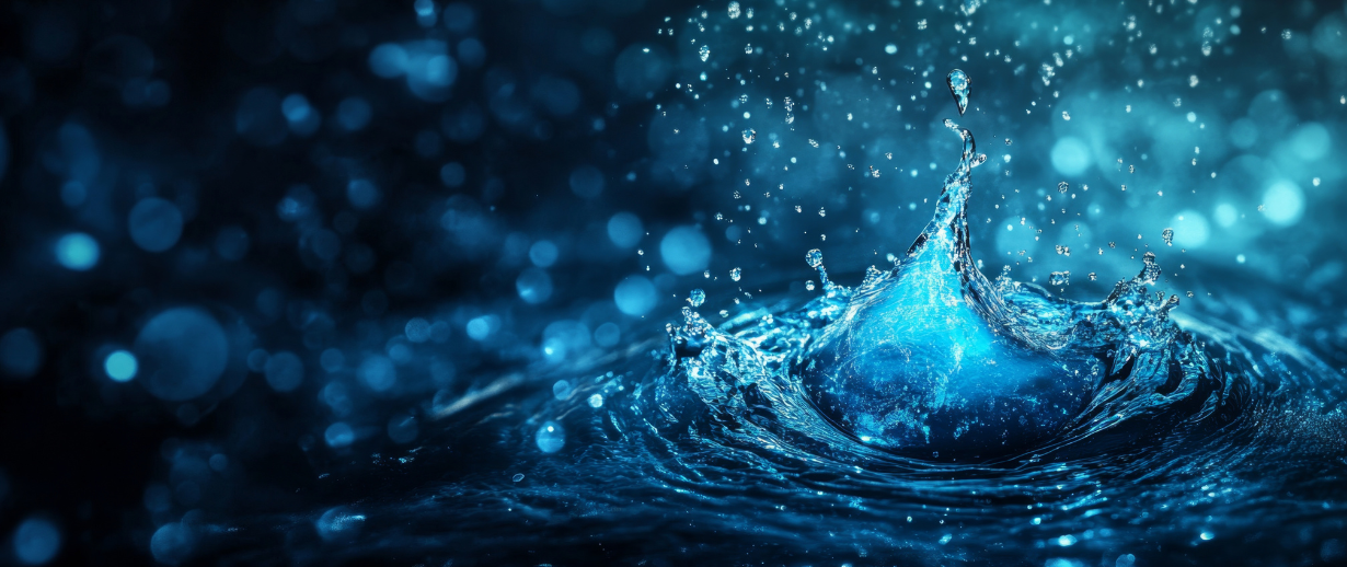 A digital blue water drop with crystalline edges, shimmering against a dark, abstract background